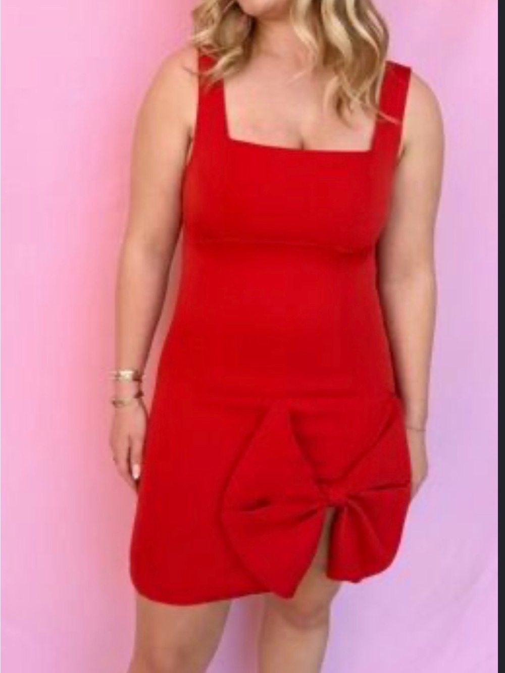 Red Square-Neck Mini Dress with Front Bow